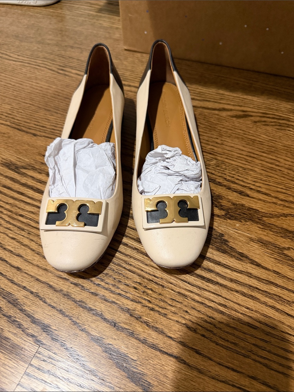Tory Burch-Inspired Cream and black Leather Ballet Flats with Gold Accent
